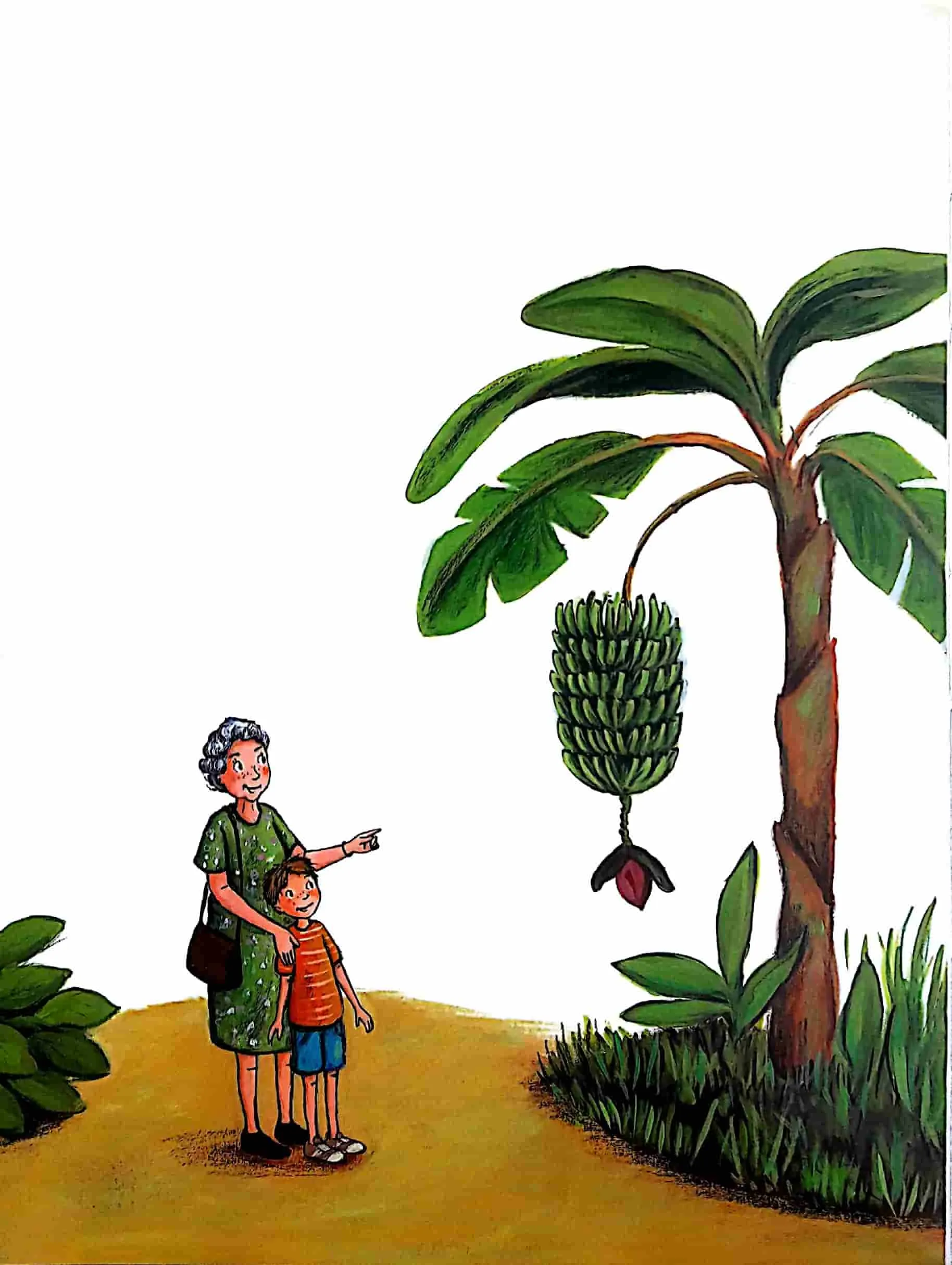 Bà và em thăm vườn chuối