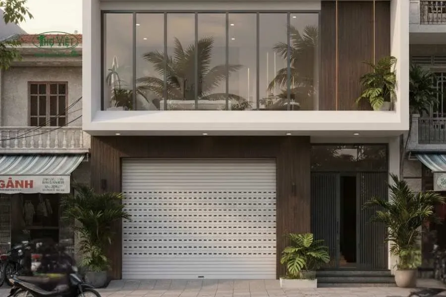 Mẫu nhà có cửa cuốn mái bằng