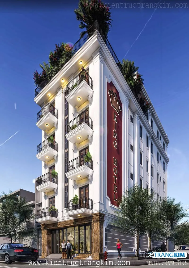 Phối cảnh thiết kế nhà nghỉ 5 tầng 1 tum – V1