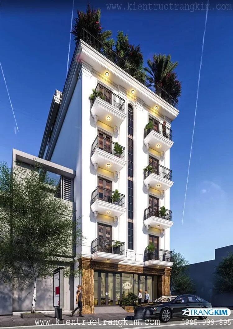 Phối cảnh thiết kế nhà nghỉ 5 tầng 1 tum – V3