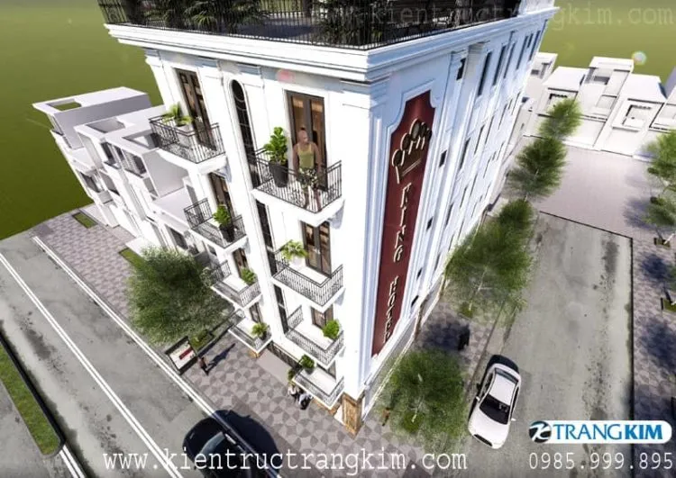 Phối cảnh thiết kế nhà nghỉ 5 tầng 1 tum – V4