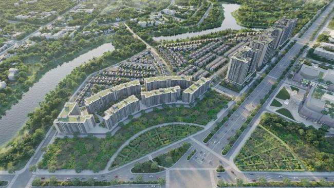 Phối cảnh toàn cảnh dự án Thành phố Thông minh Hà Nội với các tòa nhà cao tầng hiện đại và không gian xanh