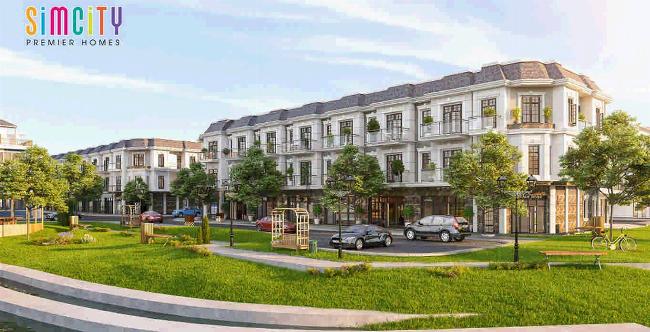 Phối cảnh tổng thể dự án khu đô thị thông minh Sim City Quận 9 với không gian xanh mát và các dãy nhà phố hiện đại