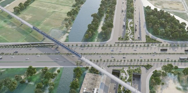 Hình ảnh phối cảnh 3D tuyến đường Vành đai 3 TPHCM đoạn đi qua sông Sài Gòn, thể hiện sự hiện đại và quy mô