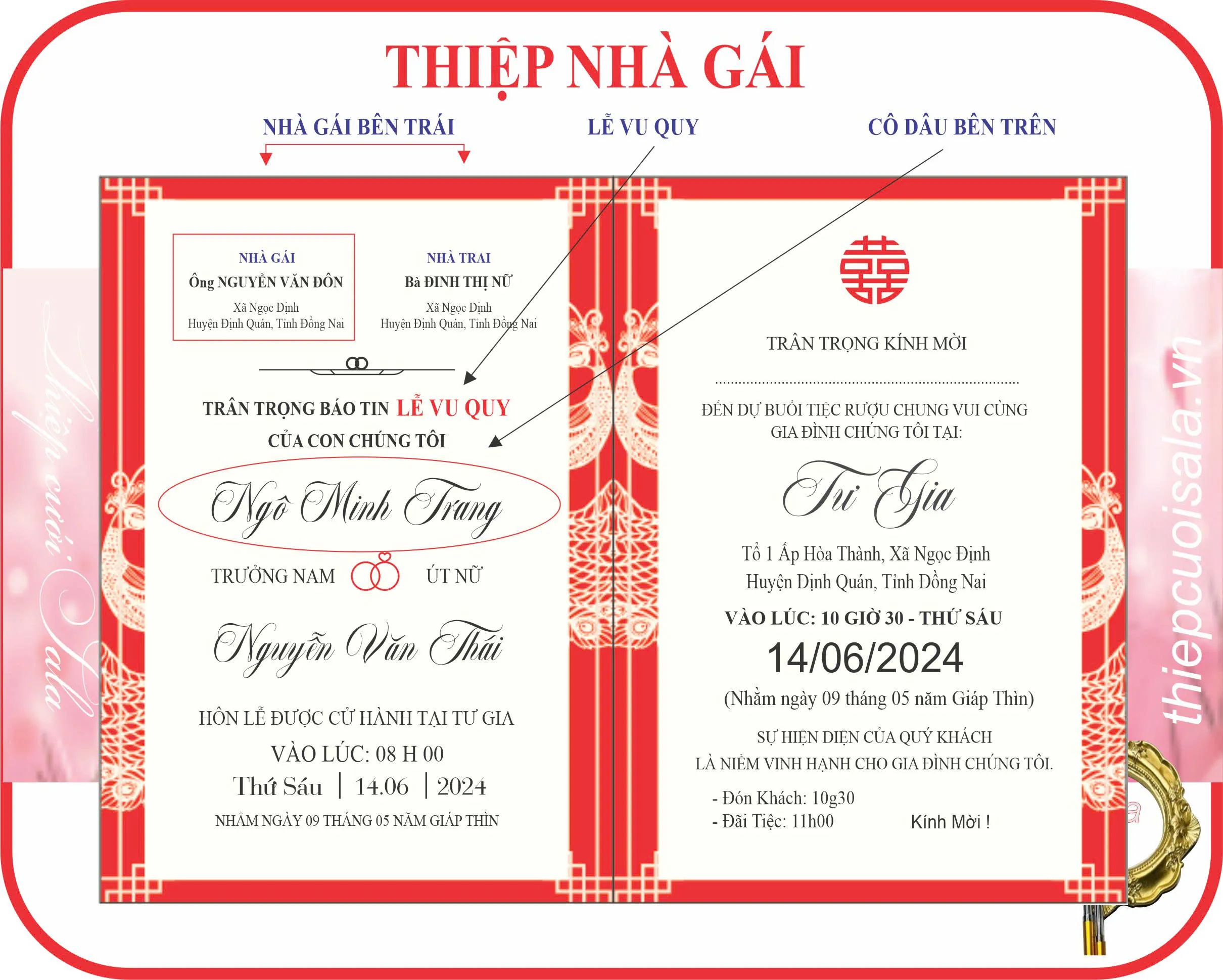Thiết kế nội dung thiệp cưới nhà gái với thông tin chi tiết