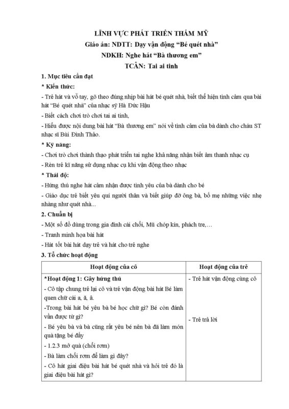 Giáo Án Dạy Hát "Bé Quét Nhà": Hướng Dẫn Chi Tiết Cho Mầm Non