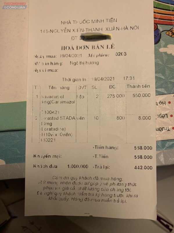Hoá đơn bán lẻ thuốc tại Nhà thuốc Minh Tiến Nguyễn Xiển